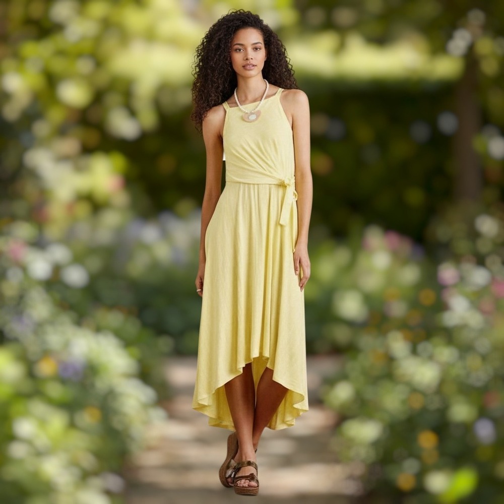 Maeve Salsola Yellow White Striped Midi Dress XS Hi Lo Side Tie Anthropologie